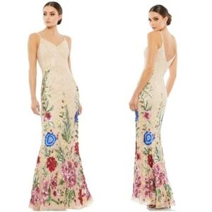 Mac Duggal Floral Embellished Spaghetti Strap Gown Nude/Multi Size 12 NWT